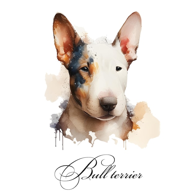 Watercolor illustration of a single dog breed bull terrier Guide dog Watercolor animal collection of