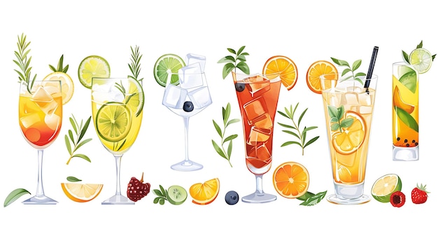 Watercolor Illustration of Six Refreshing Summer Cocktails with Citrus Fruits and Herbs