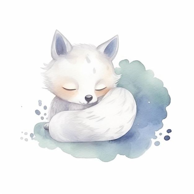 A watercolor illustration of a sleeping fox.