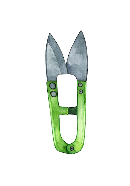 Watercolor illustration of small green scissors for cutting threads Tool for embroidery sewing