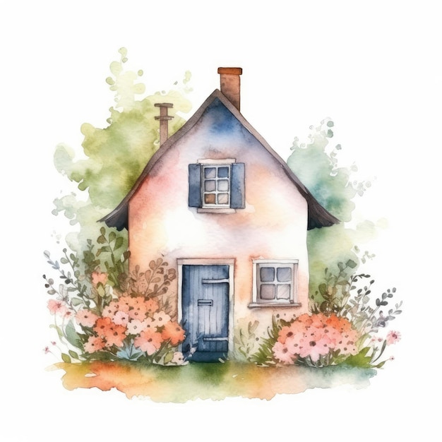 Watercolor illustration of a small house with flowers