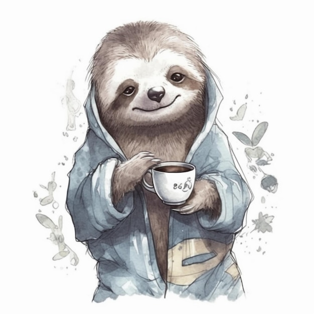 A watercolor illustration of a smiling sloth with a cup of tea.