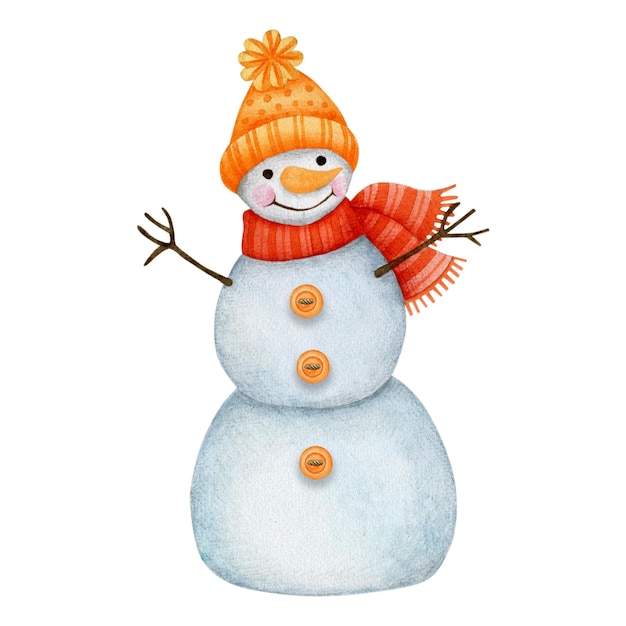 Watercolor illustration of a snowman isolated on a white background