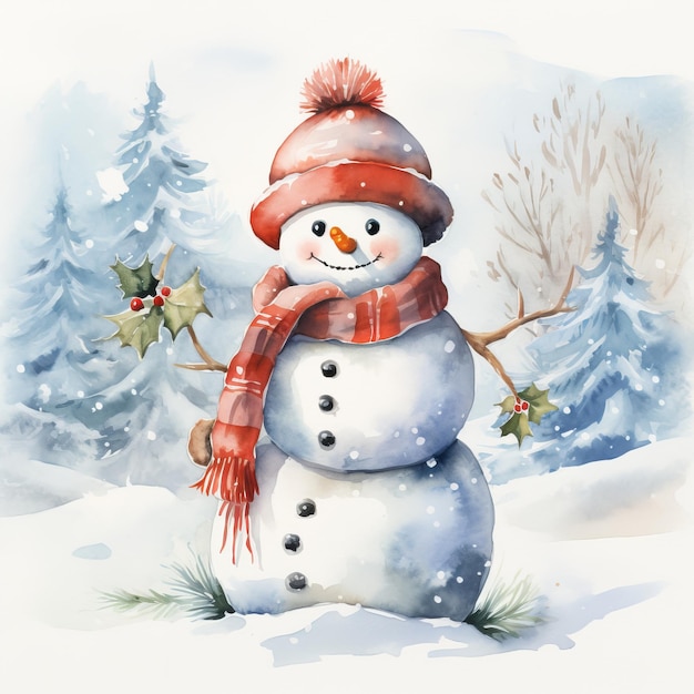 Watercolor illustration of a snowman in a red hat and scarf