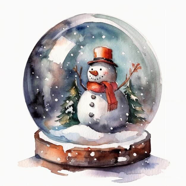 Watercolor illustration of a snowman in a snow globe