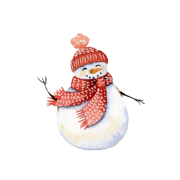 Watercolor illustration of a snowman on a white background