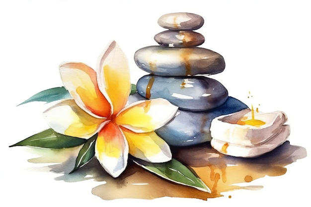 Watercolor Illustration Of Sp Massage Stones With Flowers