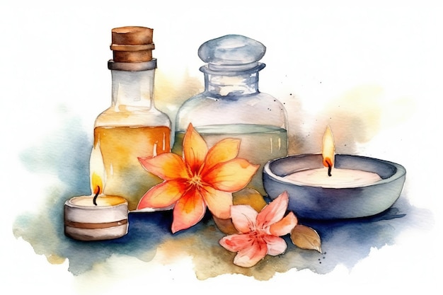 Foto illustrazione ad acquerello di oli aromatici di spa con candele
