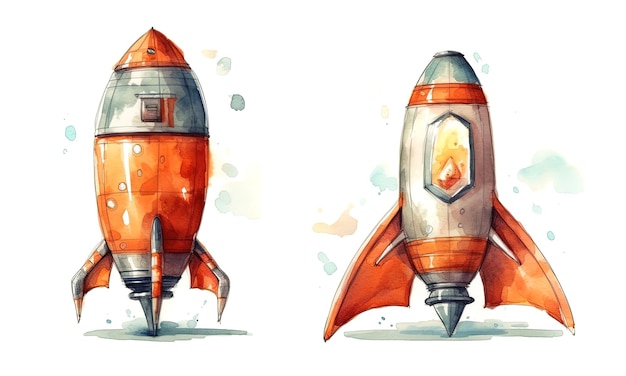 Watercolor illustration of a space rocket with splashes and splatters of watercolor paint on a white background generative AI