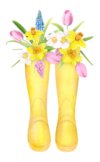 Illustrazione dell'acquerello mazzo di primavera in stivali di gomma