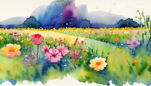 A watercolor illustration of a spring field where various flowers are in full bloom