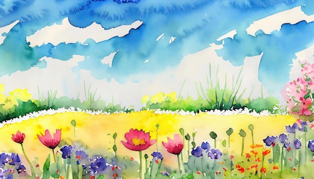 Photo a watercolor illustration of a spring field where various flowers are in full bloom