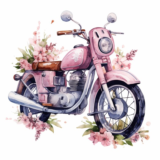 Watercolor illustration spring flower motorcycle