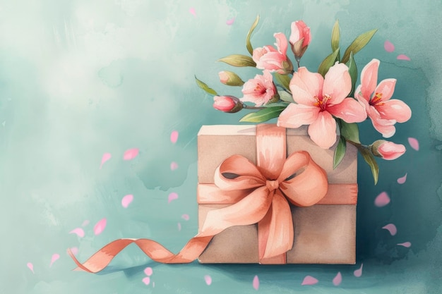 Watercolor Illustration of Spring Gift Box with Flowers