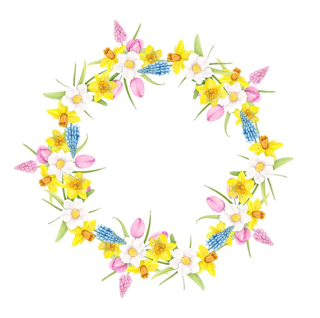 Watercolor Illustration Spring Wreath With Muscari Daffodils Tulips Leaves