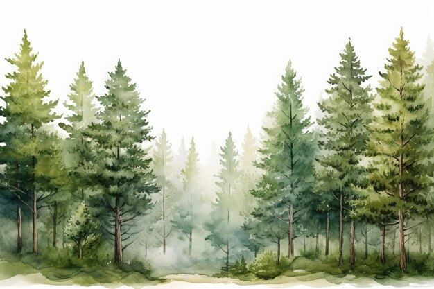 Watercolor illustration of spruce and pine trees in the forest