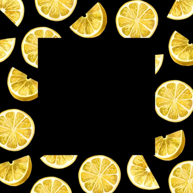 Акварельная иллюстрация квадратная рамка из желтых кусочков лимона, нарисованных акварелью