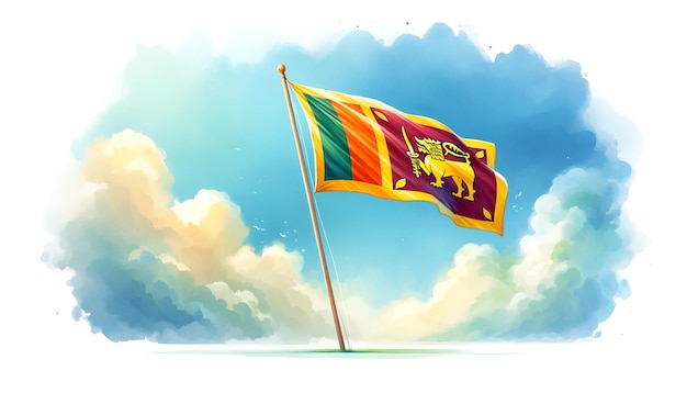 Watercolor illustration of sri lanka flag on cloudy sky background