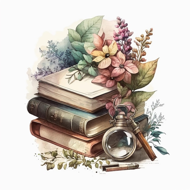 A watercolor illustration of a stack of books with a book and a clock.