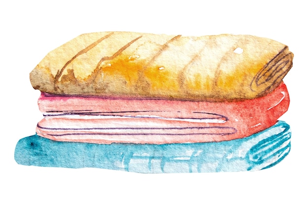 Watercolor illustration of a stack of things in different colors on a white background Travel clothes towels fabrics