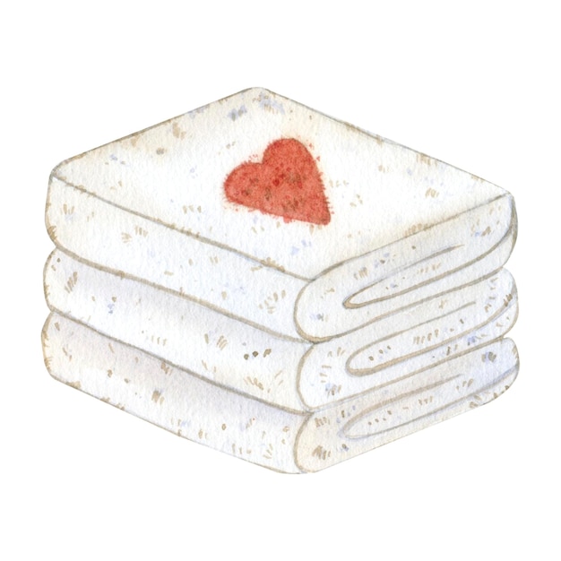 Watercolor illustration of a stack of white terry towels for spa and home red heart highlighted