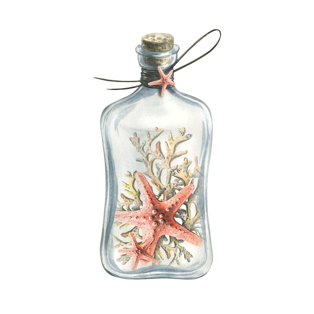 Watercolor illustration of a starfish with corals in a transparent glass bottle with a cork and a rope For the design and decoration of posters postcards souvenirs prints banners