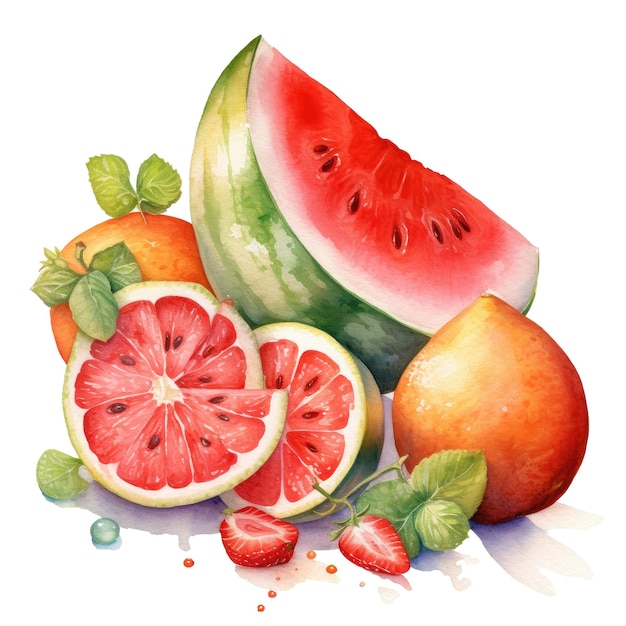 Watercolor illustration of still life with fruits on transparent background Ai generative