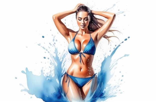 акварельная иллюстрация потрясающей кавказской девушки в бикини с брызгами воды в соблазнительном купальнике