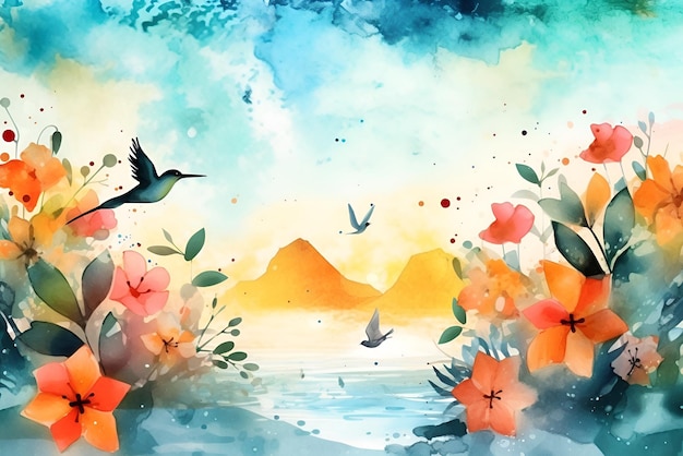 Watercolor illustration of a summer beach with flying birds Generated AI