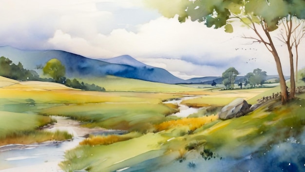 watercolor illustration of a summer field in the mountains