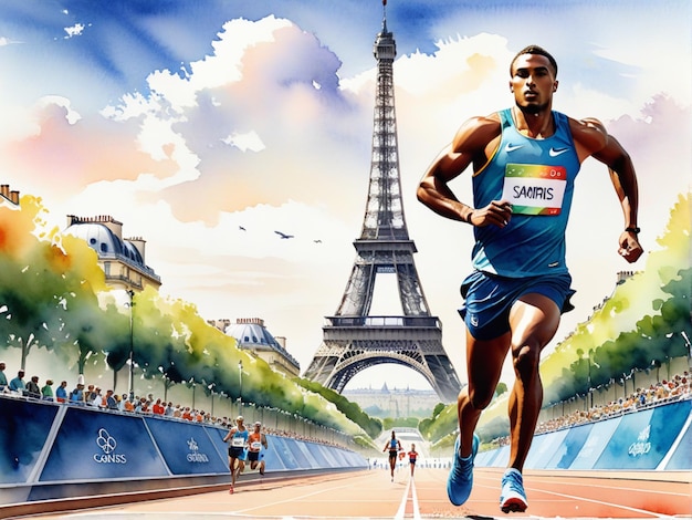 アクアカラー画 パリの夏季オリンピック アスリート・ランナー