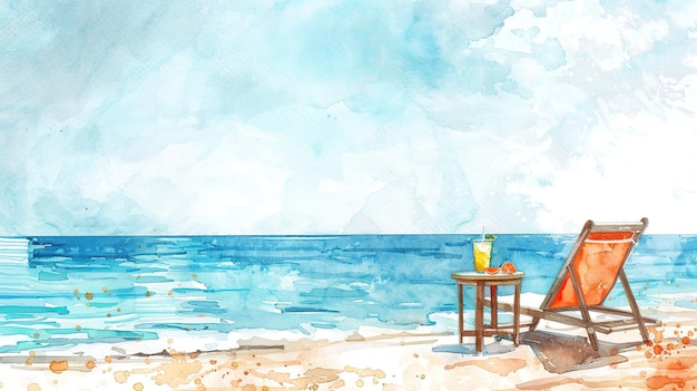 Акварельная иллюстрация солнцезащитного кресла и стола с коктейлем на пляже
