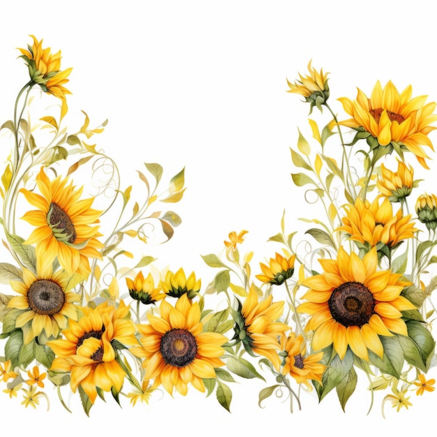 Foto illustrazione dell'acquerello dei girasoli intorno al bordo disegno botanico floreale dell'acquerello bianco bac