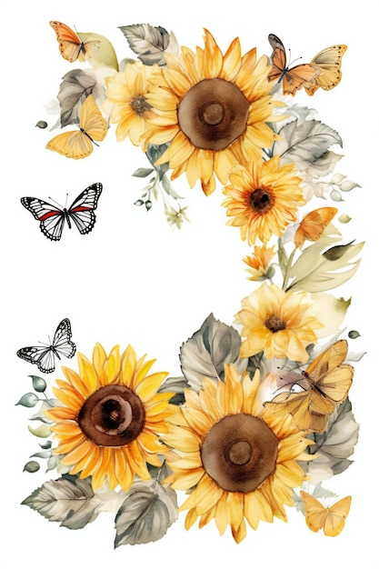 A watercolor illustration of sunflowers with a butterfly on the top.