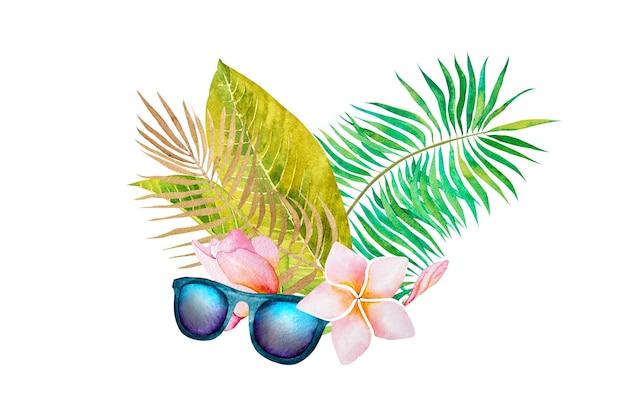 Watercolor illustration of sunglasses tropical flowers palm tree branch on a white background