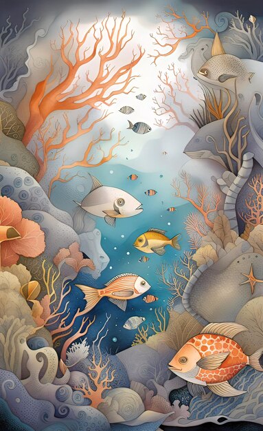 Watercolor illustration of a sunken ship underwater tropical coral reefs deep sea wallpaper