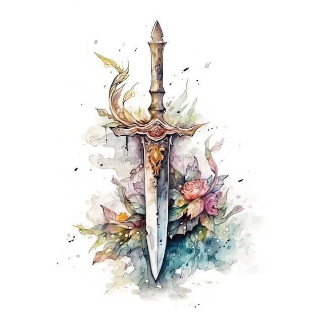 A watercolor illustration of a sword with the word sword on it.