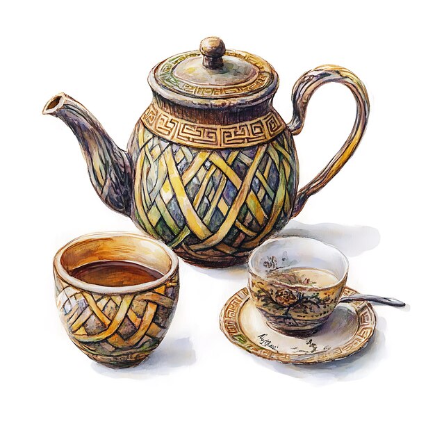 watercolor illustration of a teapot and cups set