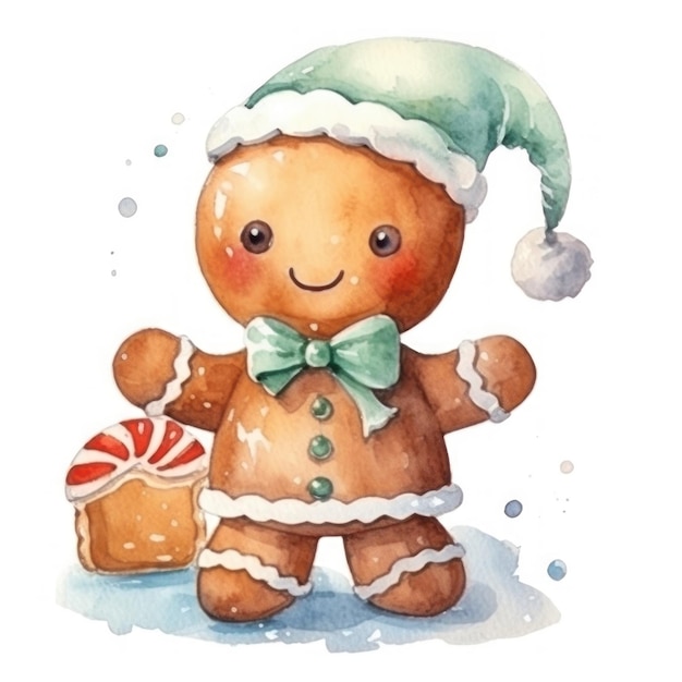 a watercolor illustration of a teddy bear holding a gift.