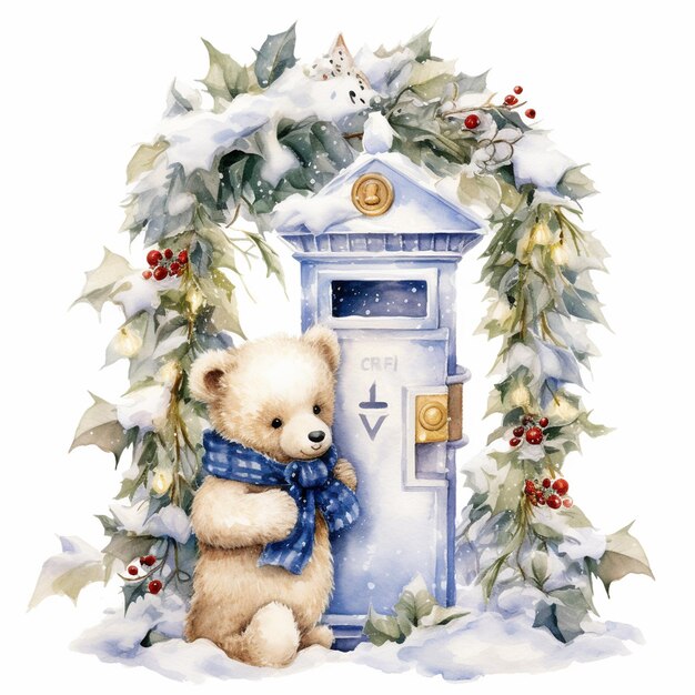 写真 雪に覆われた郵便ポストに手紙を投函する水彩イラストのテディベアのクリスマスクマ