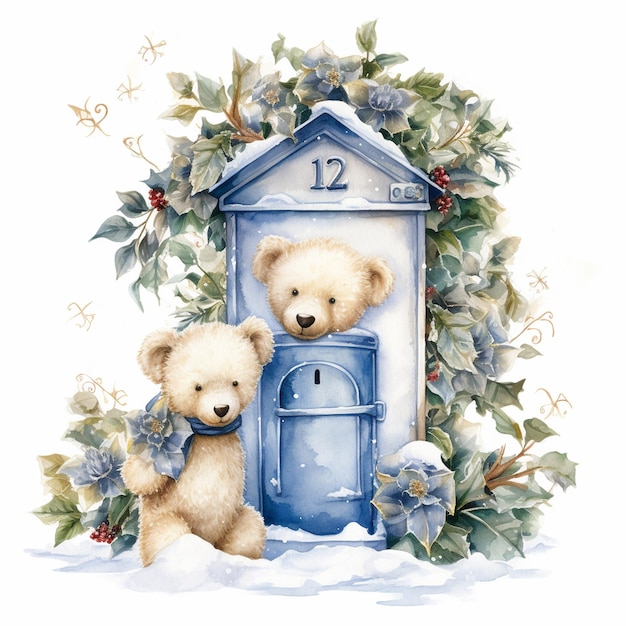 Watercolor illustration teddy bear posting a letter in postbox covered in snow christmas bear