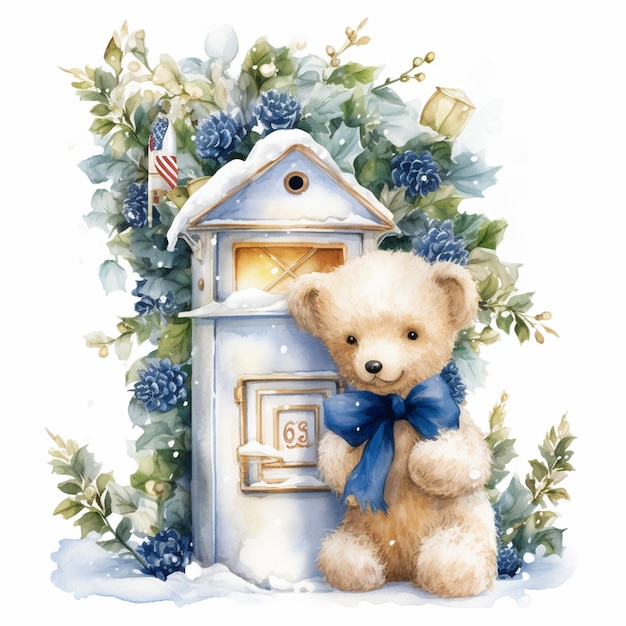 Watercolor illustration teddy bear posting a letter in postbox covered in snow christmas bear