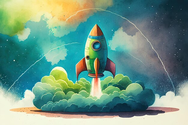 Watercolor illustration this the toy rocket