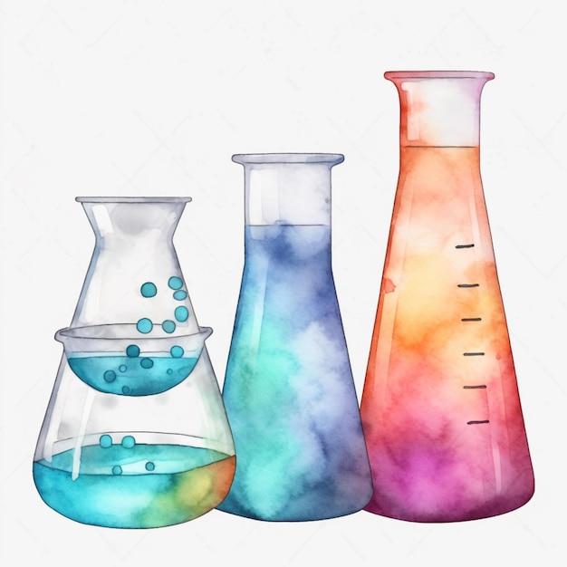 A watercolor illustration of three beakers with different colors of liquid and a beaker with a blue liquid inside.