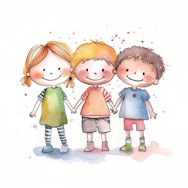 Photo watercolor illustration of three children holding hands and the word 