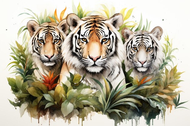 Watercolor illustration of three tigers with tropical leaves and flowers on white background