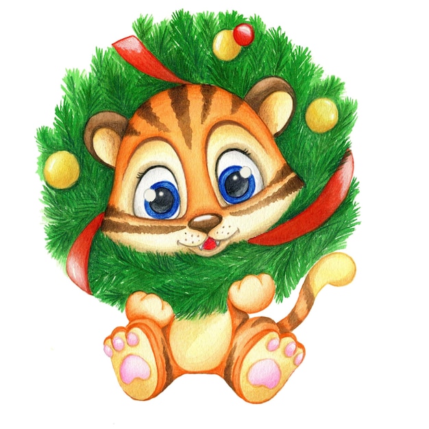 Watercolor illustration of a tiger cub with a Christmas wreath