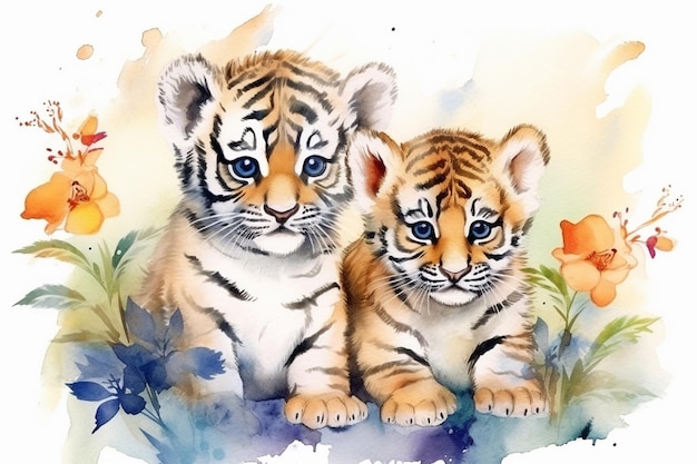 watercolor illustration tiger cubs card for congra