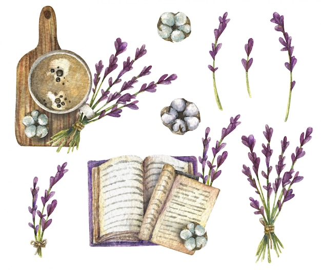 Watercolor illustration. Top view of lavender, cup of coffee, book, cotton, wooden board.