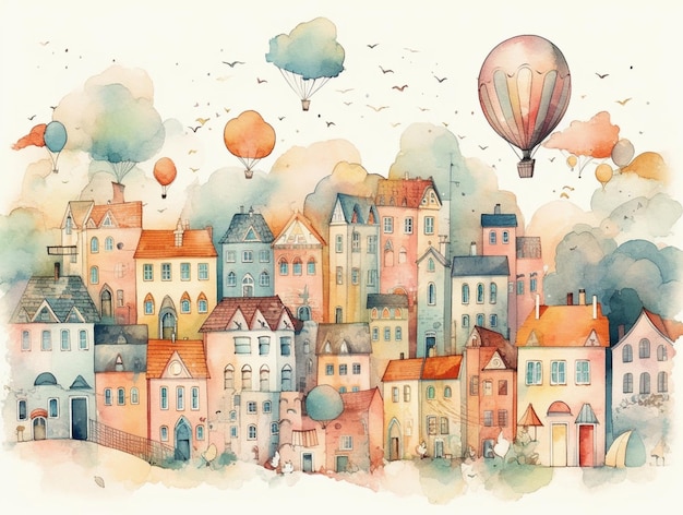 Watercolor illustration of a town with a lot of balloons.